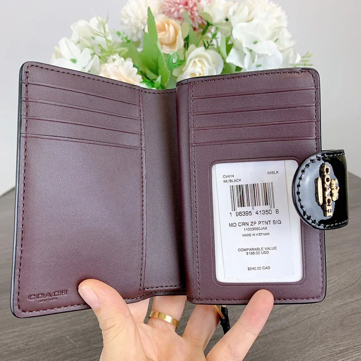 COACH Women’s Signature Patent Leather Medium Corner Zip Wallet CV414