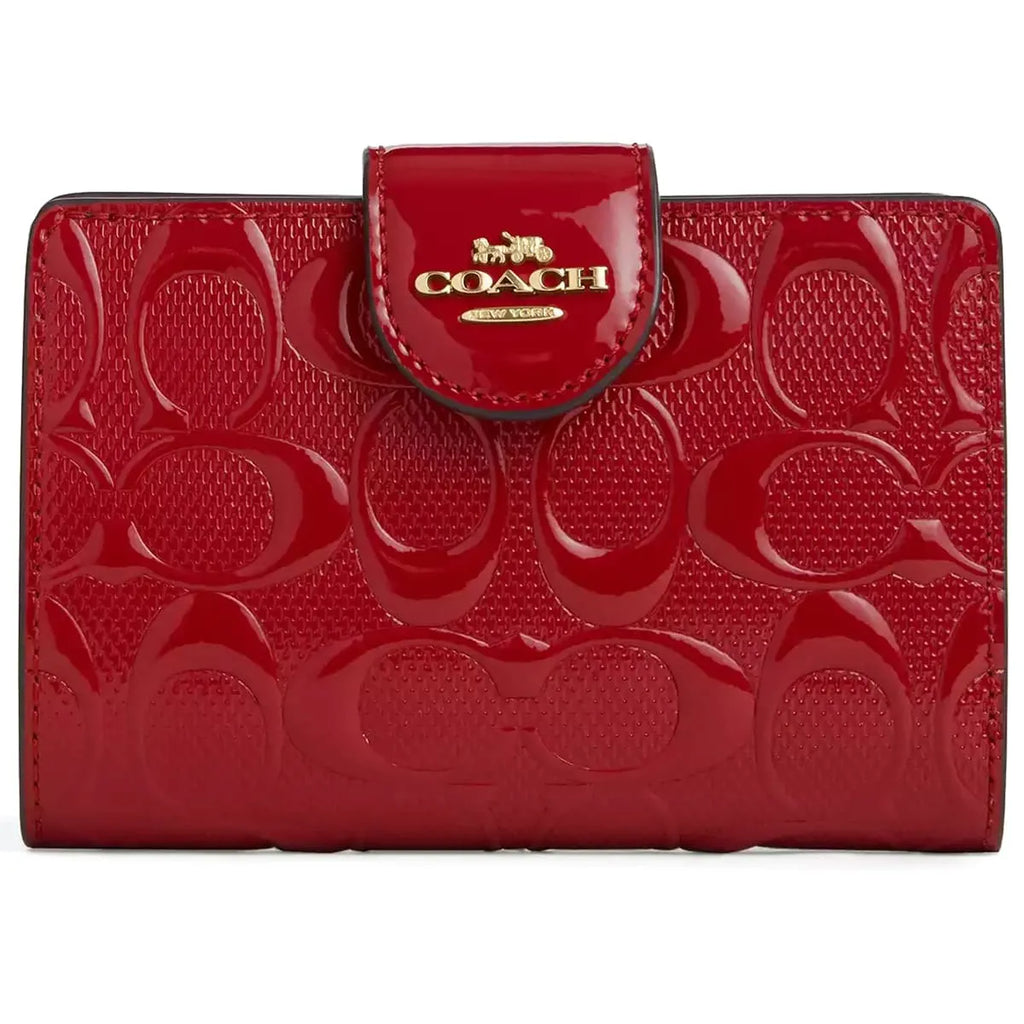 COACH Women’s Red Signature Patent Leather Medium Corner Zip Wallet CV414