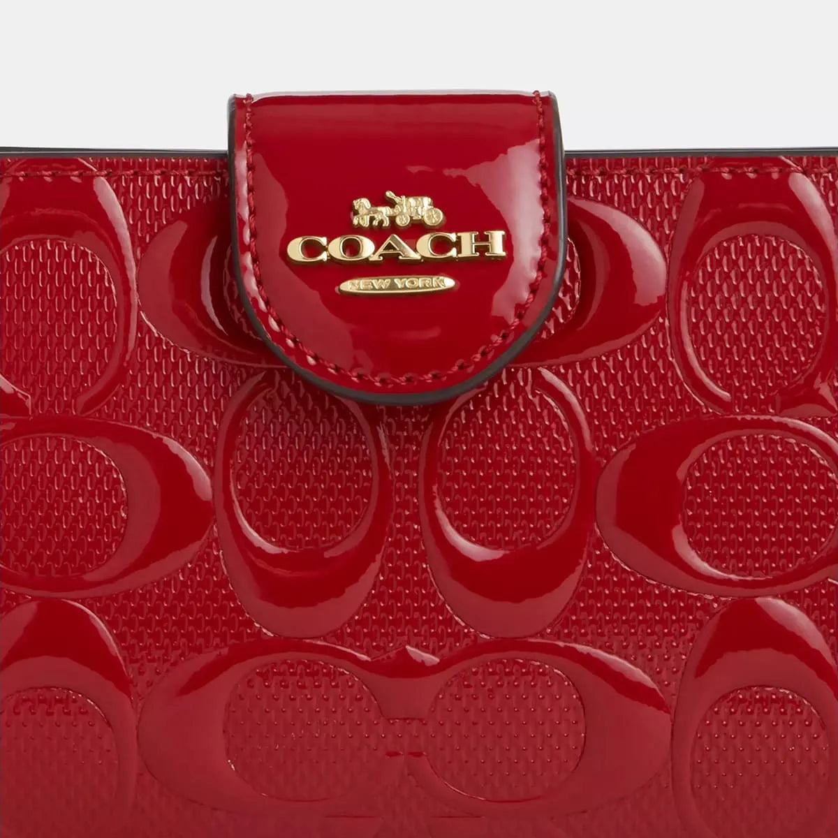 COACH Women’s Red Signature Patent Leather Medium Corner Zip Wallet CV414