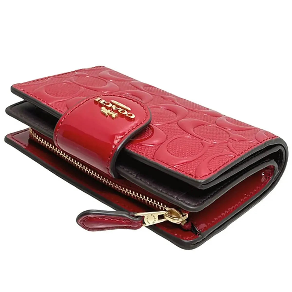 COACH Women’s Red Signature Patent Leather Medium Corner Zip Wallet CV414