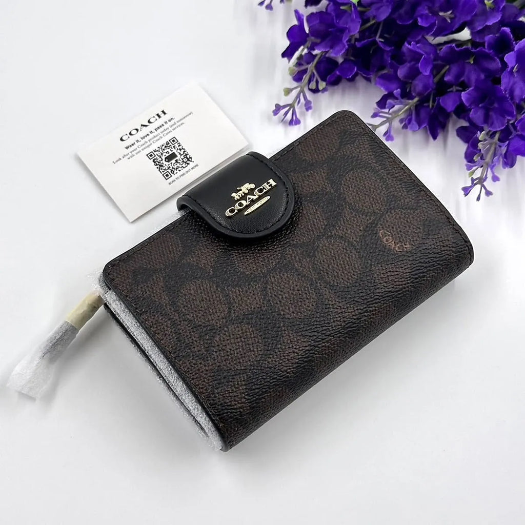 COACH Women’s Signature Canvas Walnut Black Medium Corner Zip Wallet CW786
