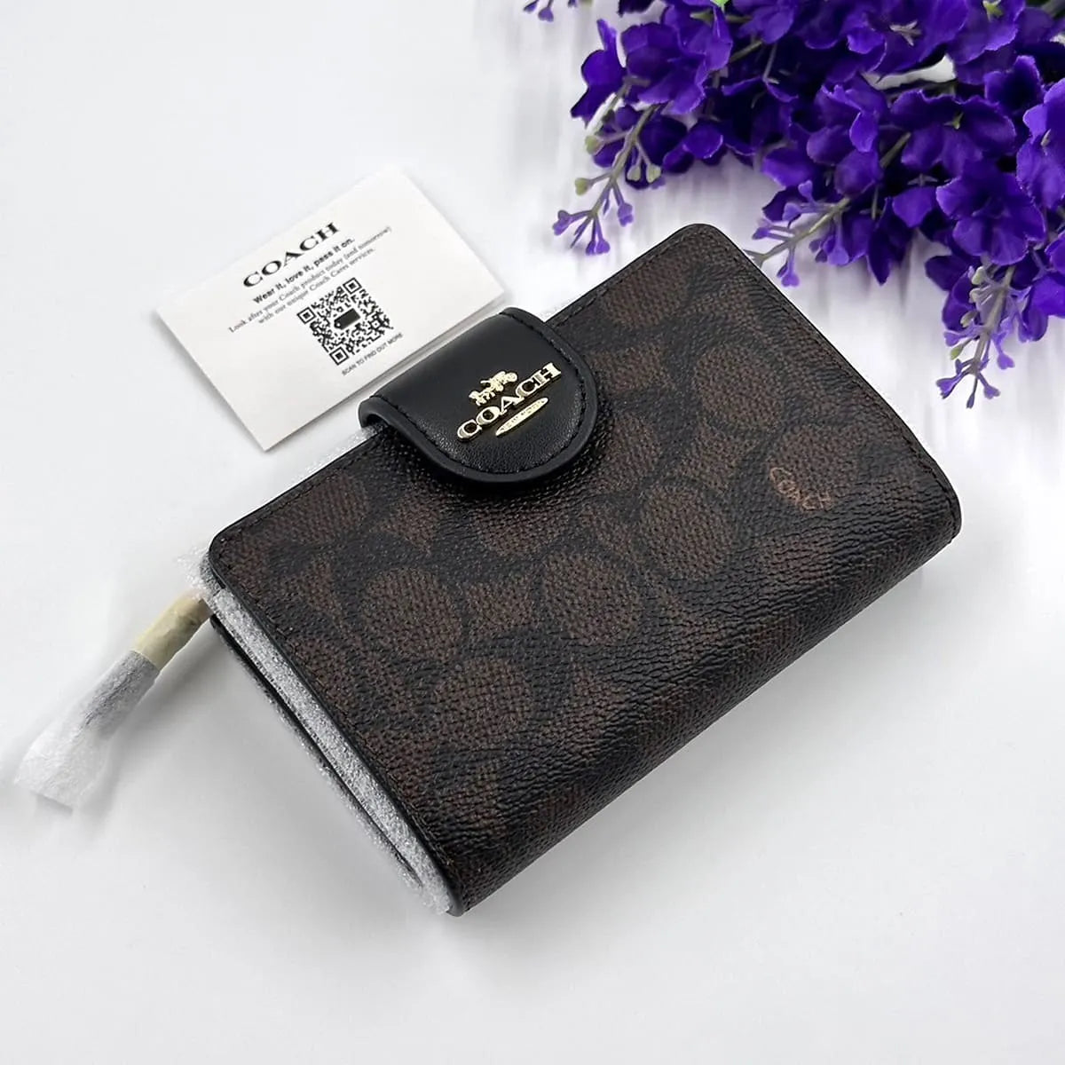 COACH Women’s Signature Canvas Walnut Black Medium Corner Zip Wallet CW786