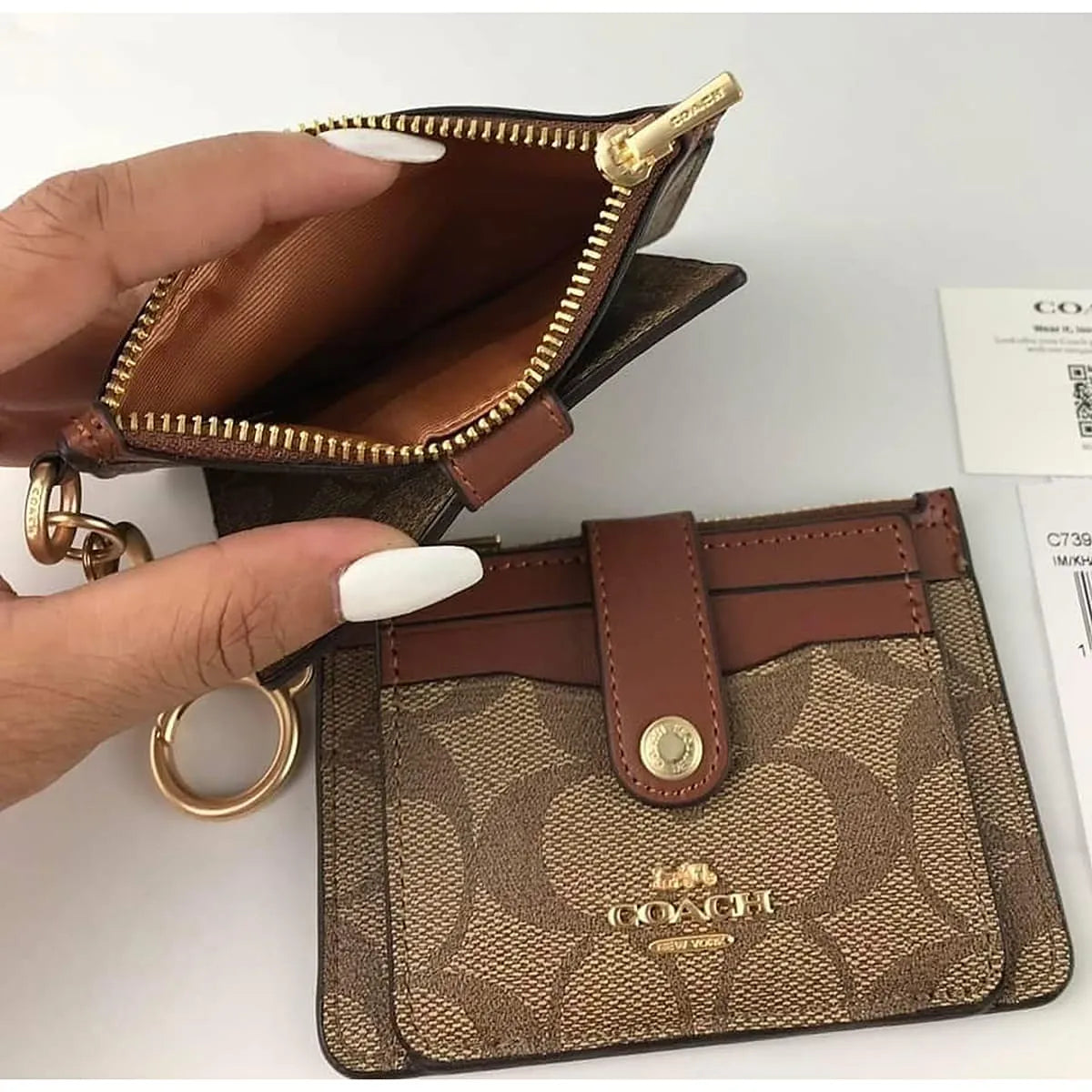 Coach Women’s Attachment Card Case in Signature Canvas Khaki Saddle C7398