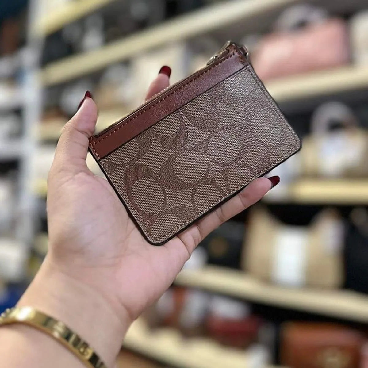 Coach Women’s Attachment Card Case in Signature Canvas Khaki Saddle C7398