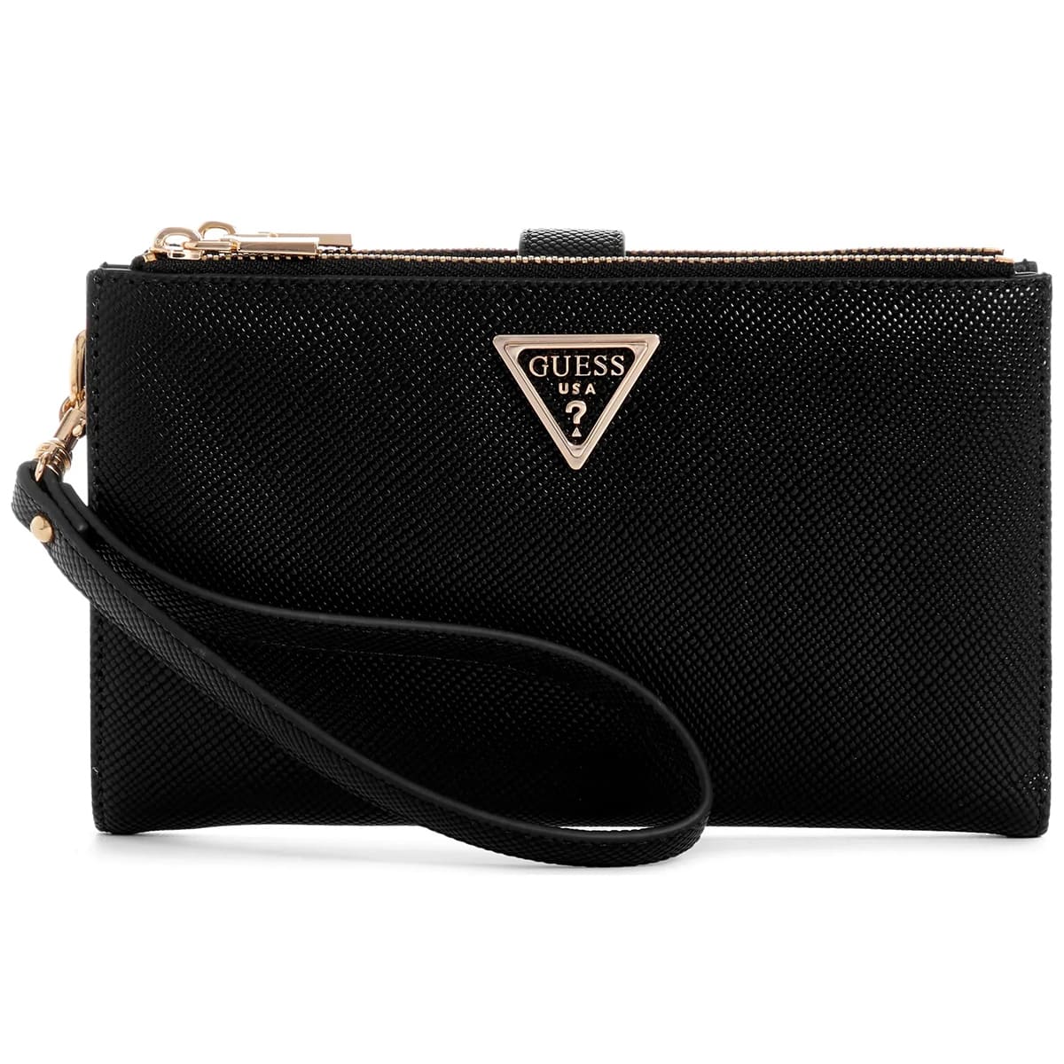 Guess Black Saffiano Leather Women’s Wristlet Wallet Organizer with Gold Hardware