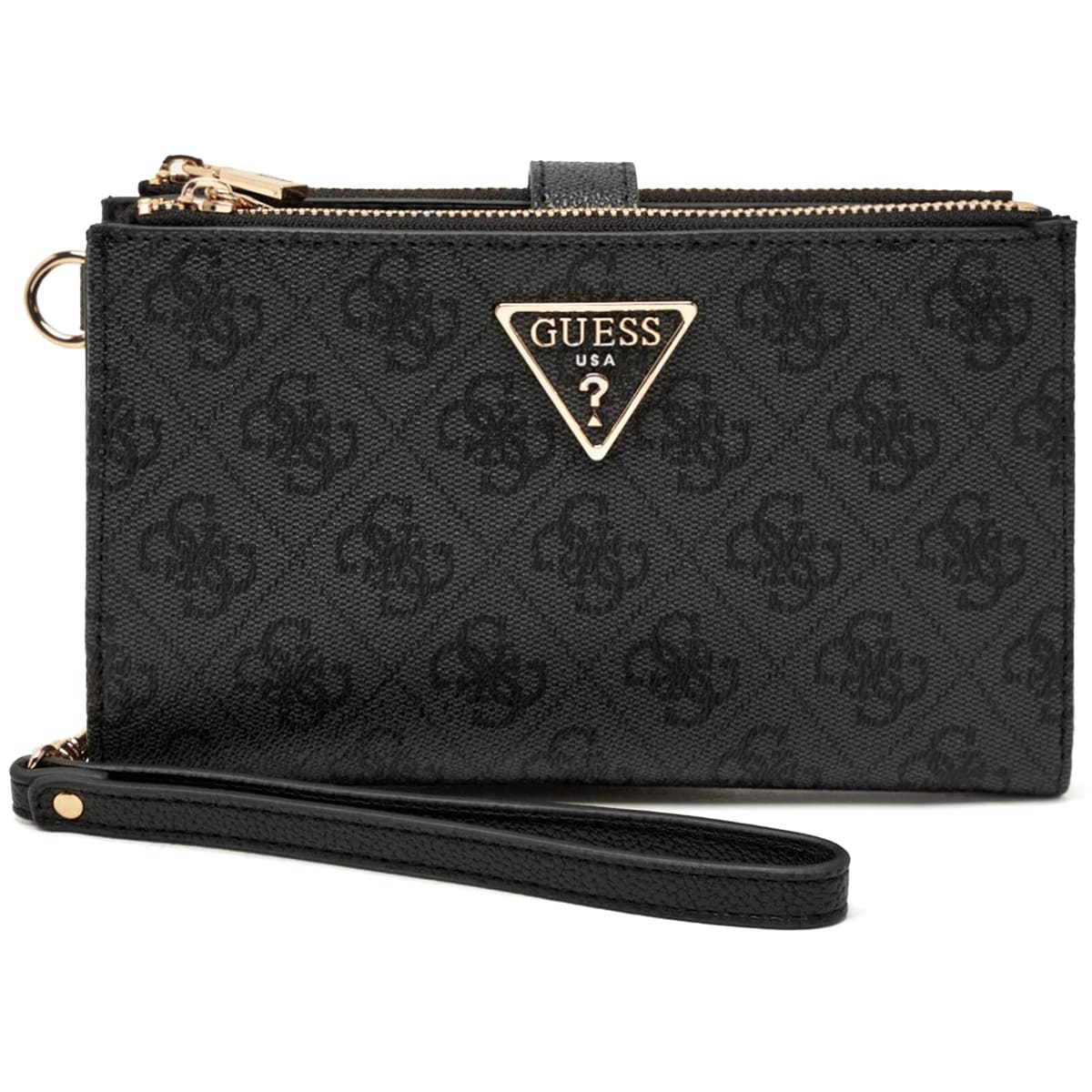 Guess Logo Print Women’s Wristlet Wallet Organizer in Black with Gold Hardware