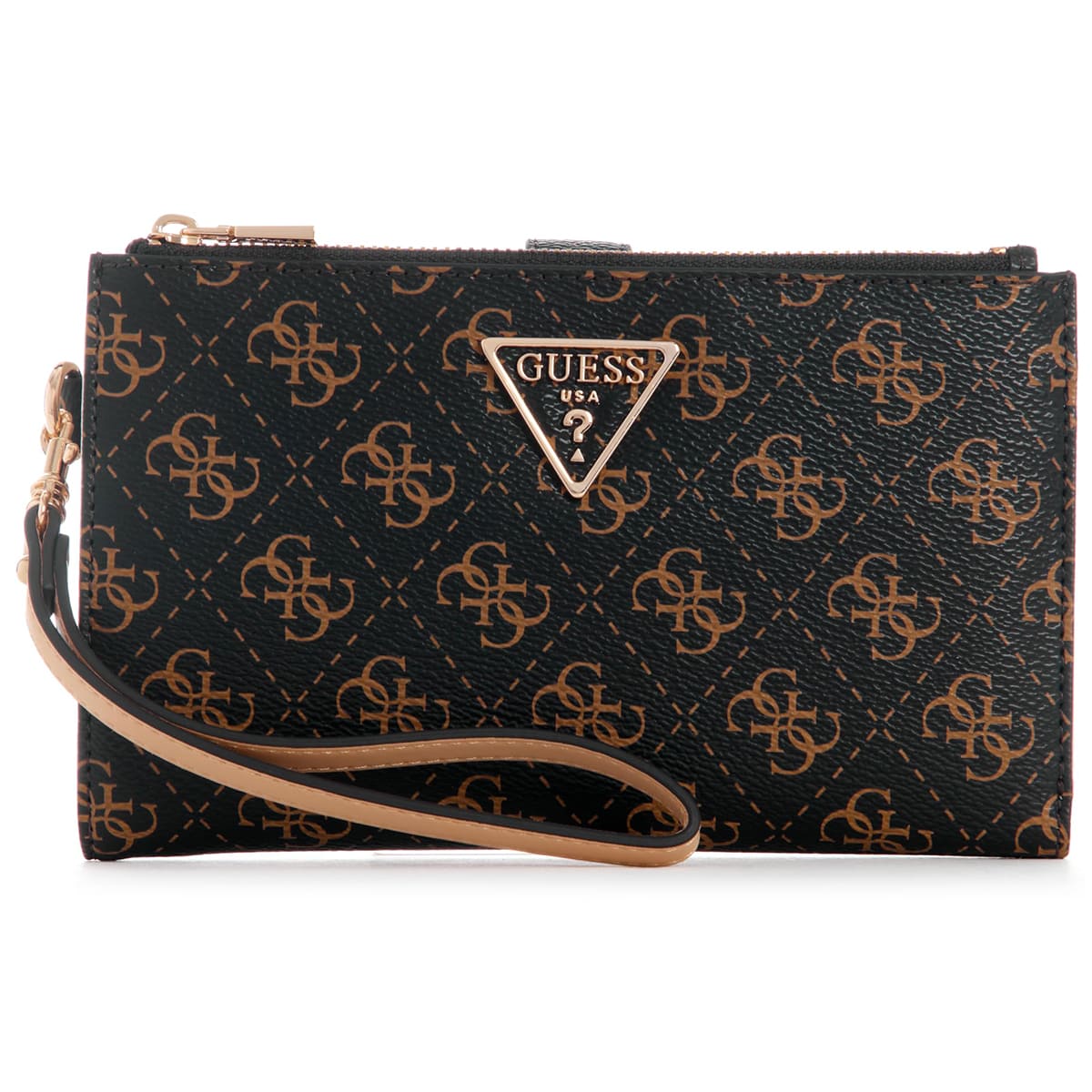 Guess Dark Brown Logo Women’s Wristlet Wallet Organizer with Gold Hardware