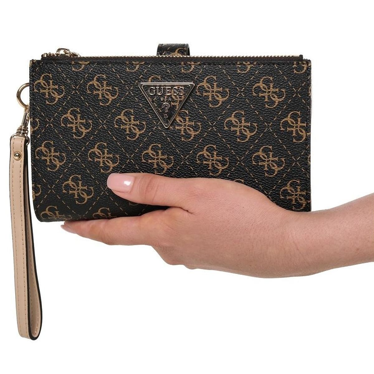 Guess Dark Brown Logo Women’s Wristlet Wallet Organizer with Gold Hardware