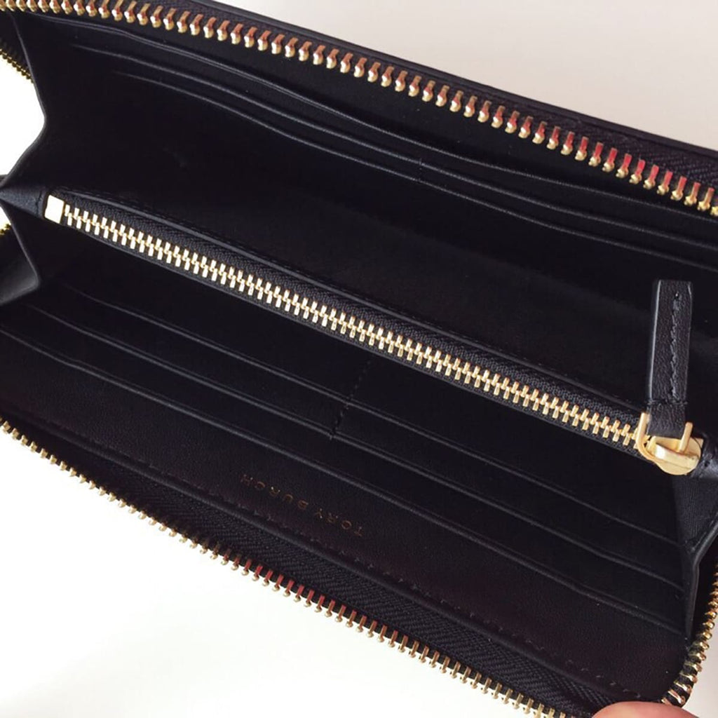 Tory Burch Black Leather Women’s Zip-Around Wallet with Large Gold Logo